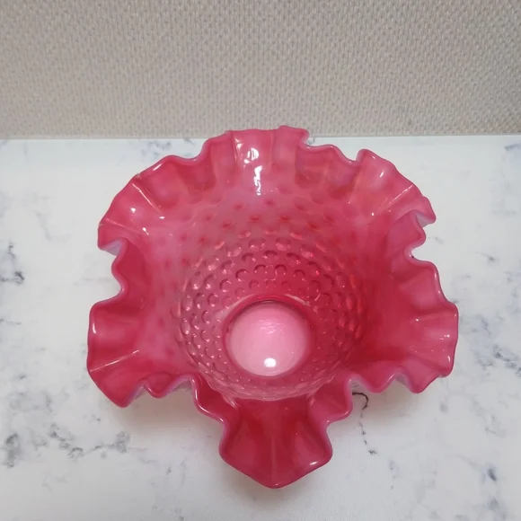 Antique Cranberry Opalescent Hobnail Ruffle Vase - Picture 3 of 6